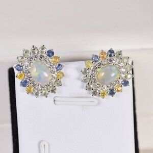 Natural Ethopian Opal w Natural Sapphire White Topaz Earrings 925 Sterling